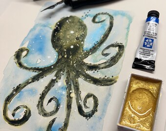 Hand-painted Octopus Original, Green, Blue, Iridescent, and Gold