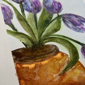 Tulips in Terracotta Pot, Original signed Watercolor, Lovely Periwinkle, Lavender, Purple, Blue & Green image 2