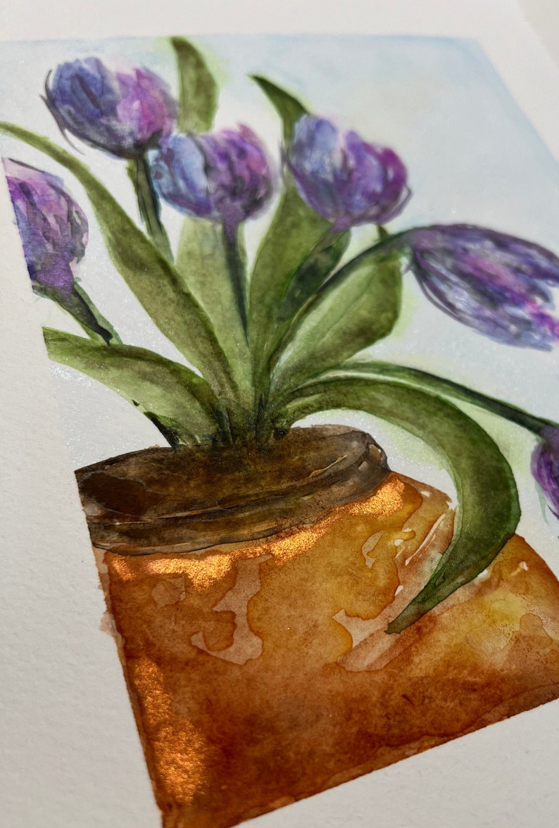 Tulips in Terracotta Pot, Original signed Watercolor, Lovely Periwinkle, Lavender, Purple, Blue & Green image 2