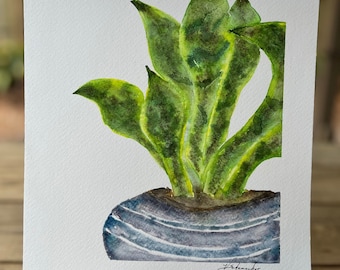 Snake Plant in a Blue Pot, Hand Painted, Original, Signed Watercolor, Mat Available, Certificate of Authenticity Included