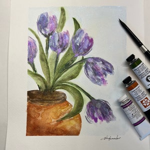 Tulips in Terracotta Pot, Original signed Watercolor, Lovely Periwinkle, Lavender, Purple, Blue & Green Without Mat 9x12