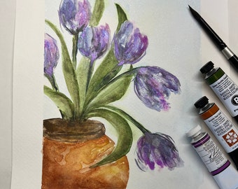 Tulips in Terracotta Pot, Original signed Watercolor, Lovely Periwinkle, Lavender, Purple, Blue & Green