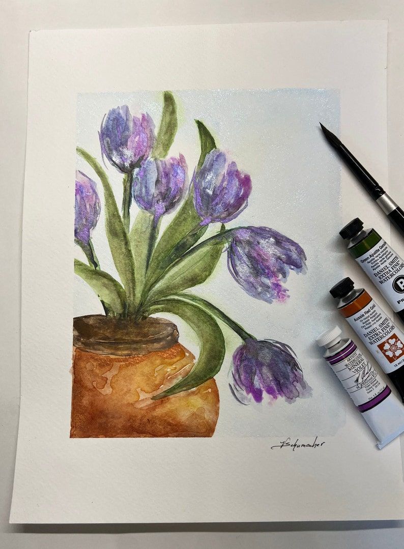Tulips in Terracotta Pot, Original signed Watercolor, Lovely Periwinkle, Lavender, Purple, Blue & Green Without Mat 9x12