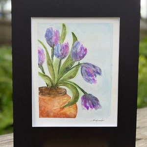 Tulips in Terracotta Pot, Original signed Watercolor, Lovely Periwinkle, Lavender, Purple, Blue & Green With Black 11x14 Mat