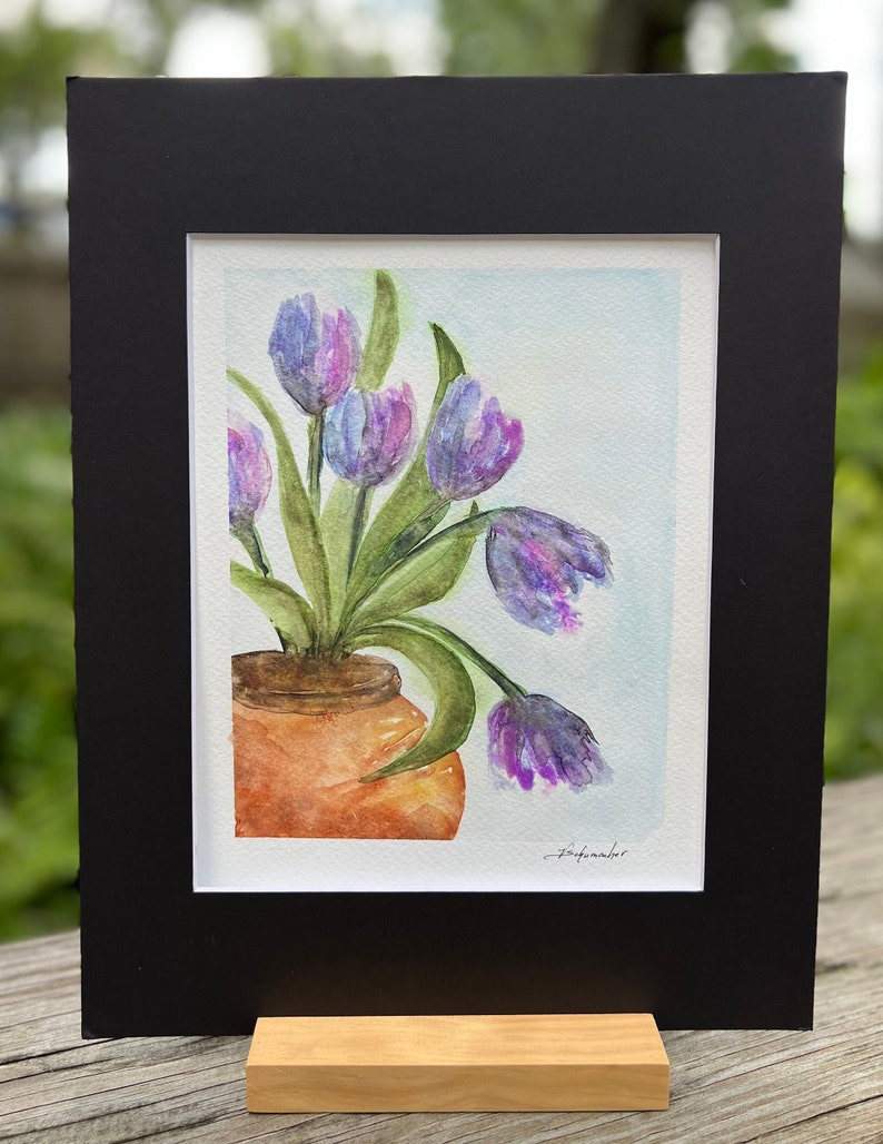 Tulips in Terracotta Pot, Original signed Watercolor, Lovely Periwinkle, Lavender, Purple, Blue & Green With Black 11x14 Mat