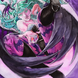 May include: A vibrant watercolor illustration featuring a character with long flowing teal hair, green eyes, and small black bat wings. The figure wears a black and purple outfit with bat-wing motifs, set against a large, glowing circular purple moon.