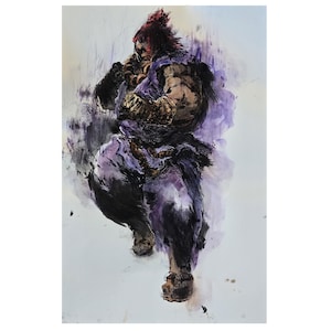 May include: An abstract painting of a muscular figure in a fighting stance. The figure is depicted in shades of purple, black, and brown, with a red-haired head. The artwork has a dynamic, energetic feel, with brushstrokes suggesting movement and power.