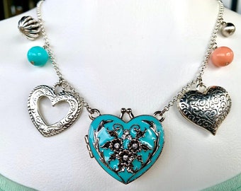 Statement Charm Necklace, Make Your Own Custom Charm Necklace, Unique Vintage Heart Locket Charm Necklace, One of a kind Necklace