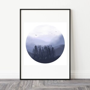 Digital Watercolor Wall Art, Hi-Resolution Watercolor Misty Forest, JPG