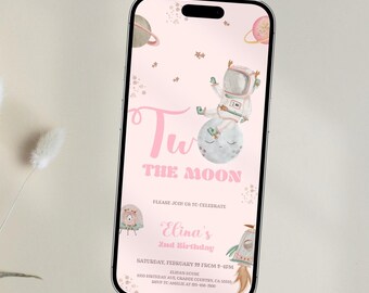 Two The Moon Girl Birthday Invitation: Astronaut Text Invite (Corjl Template)  162 M1