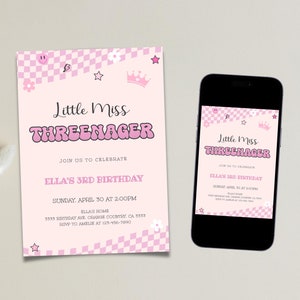Little Miss Threenager Birthday Invitation, Threenager Text Message, Smile Face 3rd Birthday Digital Invitation Threenager Evite Corjl 141