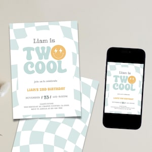 Two Cool Invitation, Checkered 2nd Birthday Invitation, Editable Smile Face 2nd birthday Invitation, Two Cool Evite,  Corjl 143 TC2