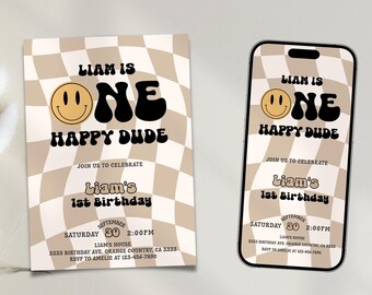 One Happy Dude Birthday Invitation Editable One Happy Dude Invitation Template Smile Face Checkered Birthday Invitation Corjl 0 OHD3