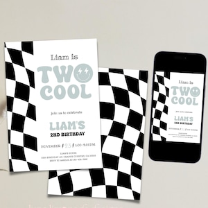 Two Cool Invitation, Checkered 2nd Birthday Invitation, Editable Smile Face 2nd birthday Invitation, Two Cool Phone Invitation, Corjl 3