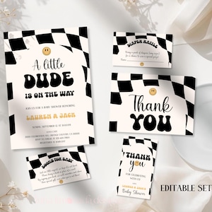 Little dude babyshower uitnodiging, zwart geruite jongen uitnodigingsset, retro decor, 58 ALD1