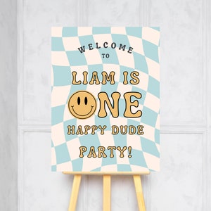 One Happy Dude Welcome Sign | Smiley Checkered 1st Birthday Sign, Blue Smiley Welcome Sign, Editable printable