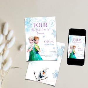 Convite de 4º aniversário de Frozen, modelo de convite de Elsa Anna, convite de quatro The First Time In Forever, convite de 4º aniversário, Corjl 96