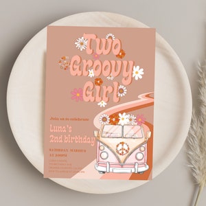 Two Groovy Girl Birthday Invitation Editable Groovy Girl 2nd Birthday Invitation Three Groovy Girl Birthday Invitation Retro Birthday Party