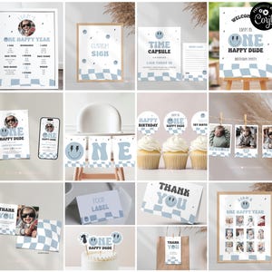 One Happy Dude Birthday Bundle, Checkered 1st Birthday Bundle, Editable Smile Face Invitation, Printable One Happy Dude Set, Corjl 199 OHD2