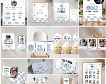 One Happy Dude Birthday Bundle, Checkered 1st Birthday Bundle, Editable Smile Face Invitation, Printable One Happy Dude Set, Corjl 199 OHD2