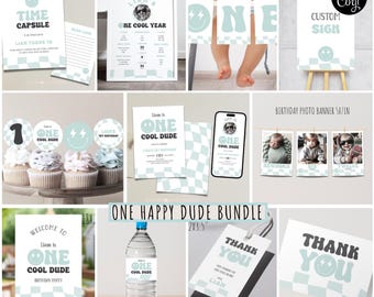 Editable One Happy Cool Bundle One Happy Dude Birthday Bundle One Happy Cool Invitation Template Smile Face 1st Birthday Corjl 14 OCD1
