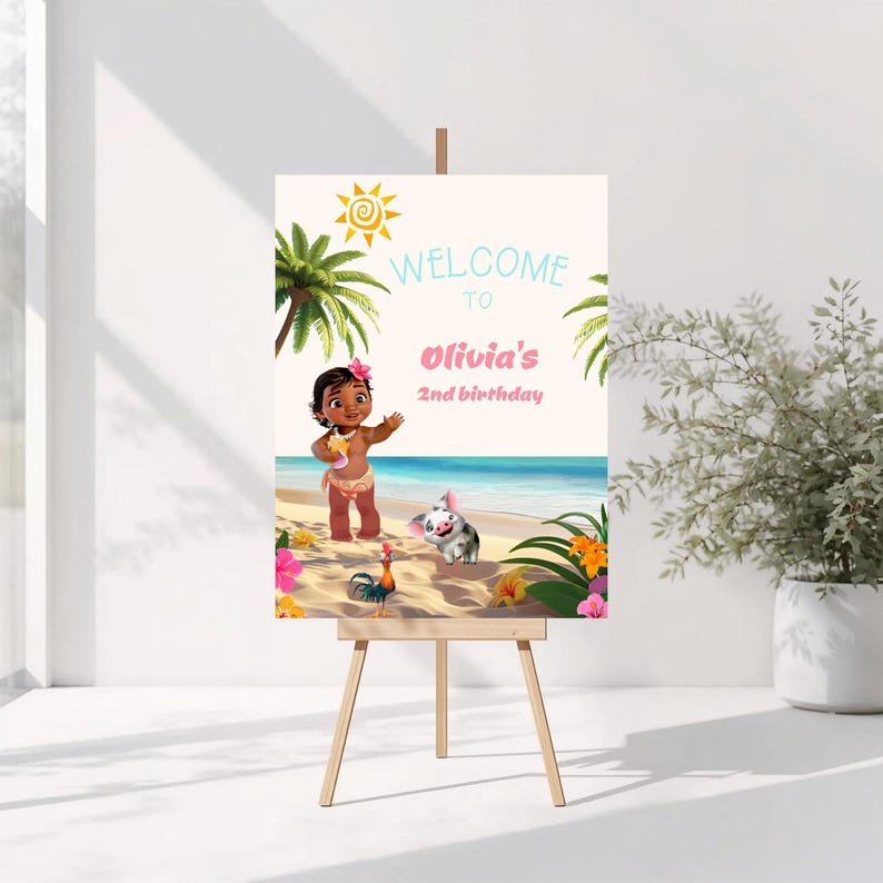 May include: A rectangular welcome sign for a 2nd birthday party featuring a cartoon girl, a pig, and a rooster on a beach. The text reads Welcome to Olivia's 2nd birthday. The design includes palm trees, tropical flowers, and a yellow sun.