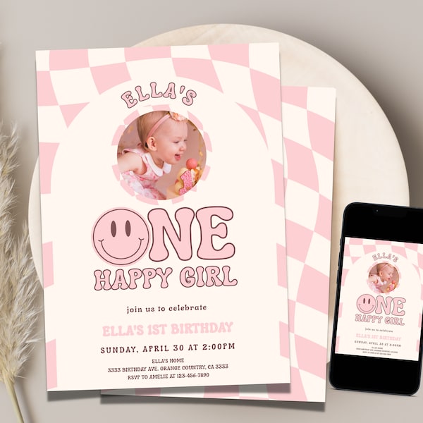 One Happy Babe Birthday Invitation, One Happy Girl Birthday Invitation, Editable One Happy Gal Invitation, Checkered Invite Corjl 46 OHG1