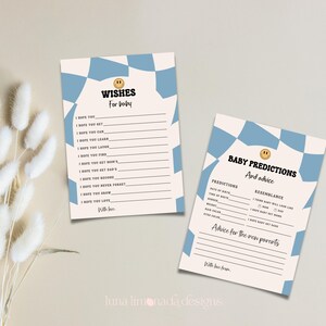 Tarjeta de predicciones para bebés, juegos de baby shower, deseos para los futuros padres, baby shower con cara sonriente, baby shower de un pequeño amigo, ALD4