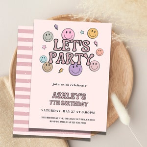 Smiley Face 7th Birthday invitation, Let&#39;s Party Invitation, Smiley Face Birthday Invitation, Happy Face Any Age Birthday Invitation