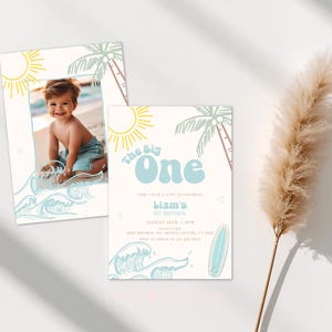 Beach 1st Birthday Invitation: Surfboard Wave Design (Corjl Template) 239 TBO2
