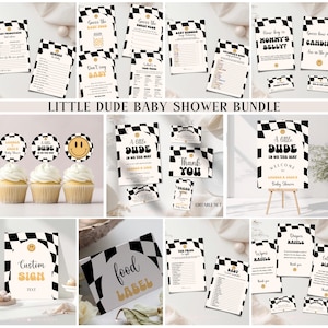 Little Dude babyshower uitnodigingsbundel zwart geruite uitnodiging retro set 109 ALD1 afbeelding 1