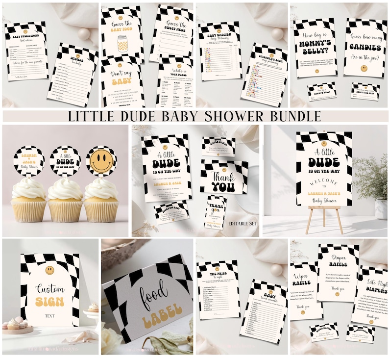 Little Dude babyshower uitnodigingsbundel zwart geruite uitnodiging retro set 109 ALD1 afbeelding 1