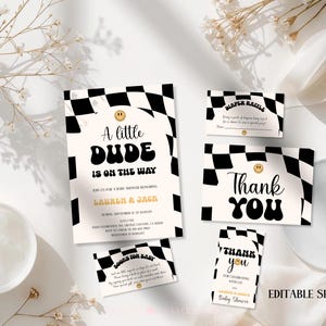 Little Dude babyshower uitnodigingsbundel zwart geruite uitnodiging retro set 109 ALD1 afbeelding 2