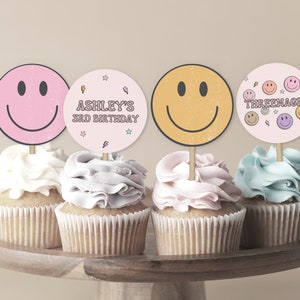 Threenager Birthday Cupcake Toppers, Smiley Birthday Cupcake Toppers, Smiley 3rd Birthday Toppers,  Happy Face Cupcake Toppers
