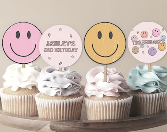 Smile Face 3rd Birthday Cupcake Toppers, Threenager Toppers (Digital Download)
