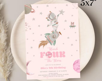 Girl Astronaut 4th Birthday Invitation: Galaxy Theme (Corjl Template)