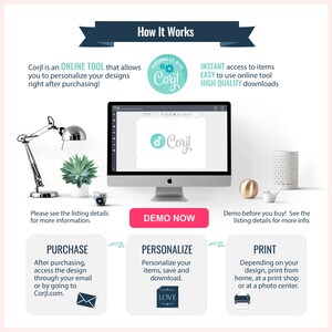 K&ouml;nnte beinhalten: Eine Infografik mit dem Titel How It Works, die das Online-Tool Corjl erkl&auml;rt. Sie zeigt einen Computermonitor mit der Corjl-Oberfl&auml;che, eine Schreibtischlampe, eine Sukkulente und drei Schritte: Purchase, Personalize und Print mit einem Demo Now-Button.