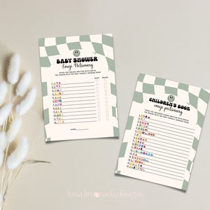 May include: Two printable game cards with a green and white checkered background. The cards are for a baby shower and feature emoji pictionary games. The first card has the title "Baby Shower Emoji Pictionary" and the second card has the title "Children's Book Emoji Pictionary".