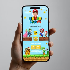 Invitation texte MARIO BROS, faire-part d'anniversaire Super Mario Bros avec photo, invitation imprimable modifiable, invitation texte Mario Corjl 194 M1