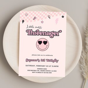 Threenager Birthday Invitation, Girl Smiley 3rd Birthday Invitation, Smiley Face 3rd Birthday Invitation Editable, Threenager Bday Invite