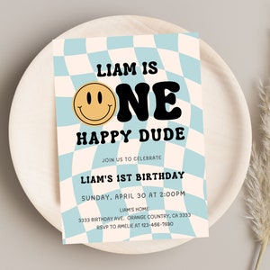 One happy Dude Invitation, Smile Face 1st Birthday Invite, Blue Checkered Invite, Editable 90's Invite