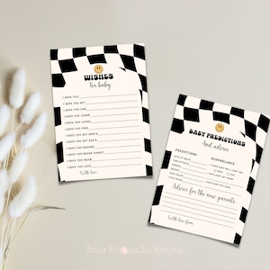Tarjeta de predicciones para bebés, juegos para baby shower, consejos y deseos para futuros padres, baby shower con cara sonriente, tema de baby shower A Little Dude ALD1