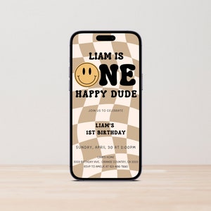 1st Birthday Evite, One Happy Dude Birthday Invite, One happy dude Text Message, Smiley Checkered Digital Invitation, Editable Evite