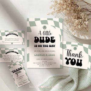 Little Dude uitnodigingsbundel babyshower saliegroen geruit retro set 6 ALD3