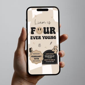 Four Ever Young Text Message Invitation, Smile Face 4th Birthday Invitation Template, Retro 4th Bday Invite, 4th Birthday Evite, Corjl 173