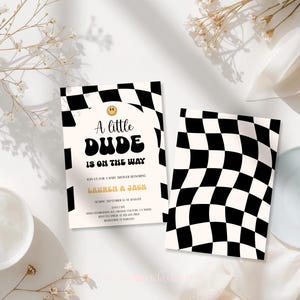 Little Dude babyshower uitnodigingsbundel zwart geruite uitnodiging retro set 109 ALD1 afbeelding 3