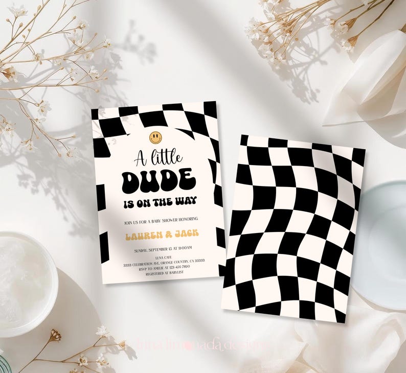 Little Dude babyshower uitnodigingsbundel zwart geruite uitnodiging retro set 109 ALD1 afbeelding 3