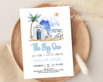 Surf's Up 1st Birthday Invitation: Wave Surfer Theme (Editable Template)
