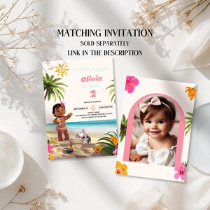 May include: Two rectangular party invitation cards featuring tropical themes. One card displays a cartoon character on a beach with text reading Olivia is turning 2. The second card features a photo of a child framed by a pink arch and hibiscus flowers.