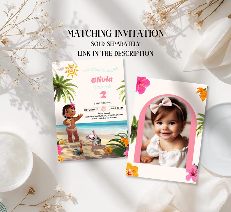 May include: Two rectangular party invitation cards featuring tropical themes. One card displays a cartoon character on a beach with text reading Olivia is turning 2. The second card features a photo of a child framed by a pink arch and hibiscus flowers.